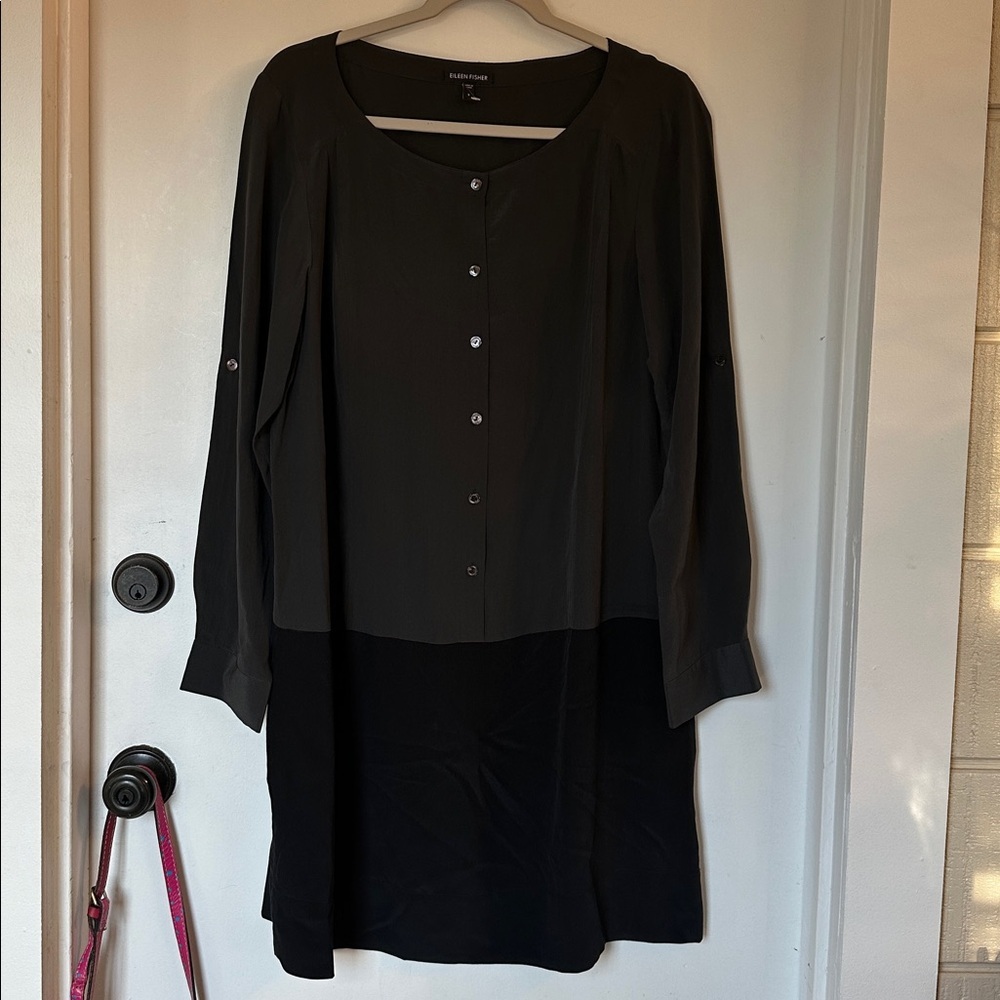 Eileen Fisher Silk Crepe de Chine Colorblock Tunic Dress Gray Black button small